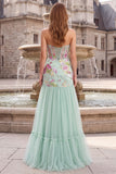 Vestido largo floral sin tirantes de tul sirena verde sirena con lentejuelas