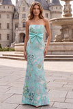 Vestido largo de baile de graduación con bordado floral sin tirantes verde menta y lazo de satén