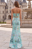 Vestido largo de baile de graduación con bordado floral sin tirantes verde menta y lazo de satén
