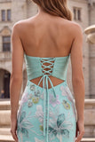 Vestido largo de baile de graduación con bordado floral sin tirantes verde menta y lazo de satén