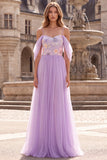 Vestido largo de baile de graduación de tul de hombros fríos lila