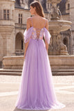 Vestido largo de baile de graduación de tul de hombros fríos lila