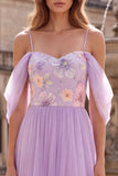 Vestido largo de baile de graduación de tul de hombros fríos lila