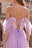 Vestido largo de baile de graduación de tul de hombros fríos lila