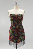 Vestido mini de bienvenida a casa negro bodycon tirantes florales con flecos