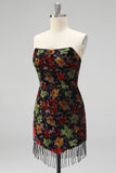 Vestido mini de bienvenida a casa negro bodycon tirantes florales con flecos