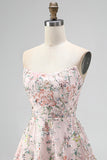Vestido corto de bienvenida corto de bienvenida con bordado floral sin tirantes Línea A sin tirantes