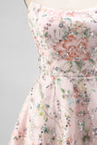 Vestido corto de bienvenida corto de bienvenida con bordado floral sin tirantes Línea A sin tirantes