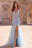Corsé de sirena transparente con tul de tul y cuentas azul claro, vestido largo de graduación sin tirantes con abertura