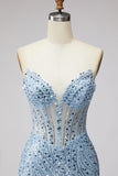 Corsé de sirena transparente con tul de tul y cuentas azul claro, vestido largo de graduación sin tirantes con abertura