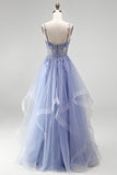 Corsé azul A transparente con lentejuelas, vestido largo de graduación con bordado floral