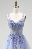 Corsé azul A transparente con lentejuelas, vestido largo de graduación con bordado floral