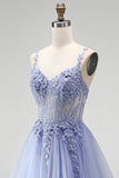 Corsé azul A transparente con lentejuelas, vestido largo de graduación con bordado floral