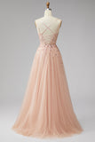 Champán Aplique florales 3D de escote en V, Tul de lentejuelas, Vestido Maxi A-Line con abertura