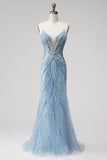 Vestido de baile de fin de curso sin tirantes de perlas azul claro con cuentas