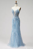 Vestido de baile de fin de curso sin tirantes de perlas azul claro con cuentas