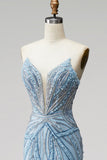 Vestido de baile de fin de curso sin tirantes de perlas azul claro con cuentas