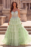 Vestido largo de graduación de galera verde claro con volantes en forma de A-Line 3D Corsé con pedrería