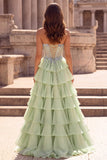Vestido largo de graduación de galera verde claro con volantes en forma de A-Line 3D Corsé con pedrería