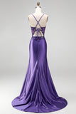 Sirena con purpurina, lentejuelas, corsé fruncido, vestido largo morado con abertura