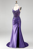 Sirena con purpurina, lentejuelas, corsé fruncido, vestido largo morado con abertura
