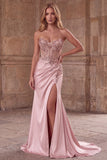 Corsé rosa, sirena transparente con cuentas, lentejuelas, perlas, satén fruncido, vestido largo de graduación con abertura