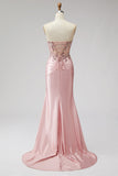 Corsé rosa, sirena transparente con cuentas, lentejuelas, perlas, satén fruncido, vestido largo de graduación con abertura