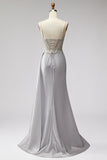 Corsé gris claro, perlas de satén, pedrería Vestido de baile de sirena con drapeado