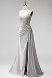 Corsé gris claro, perlas de satén, pedrería Vestido de baile de sirena con drapeado