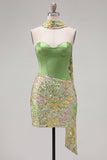 Vestido de Homecoming con corsé verde bodycon corsé cariño, lentejuelas, con bufanda de cuello