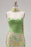 Vestido de Homecoming con corsé verde bodycon corsé cariño, lentejuelas, con bufanda de cuello
