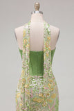 Vestido de Homecoming con corsé verde bodycon corsé cariño, lentejuelas, con bufanda de cuello
