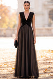 Vestido formal largo de terciopelo en V con escote en V y Tul negro