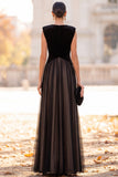 Vestido formal largo de terciopelo en V con escote en V y Tul negro