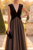 Vestido formal largo de terciopelo en V con escote en V y Tul negro