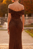 Vestido formal Maxi fruncido con funda de café sobre el hombro