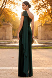Vestido formal Maxi de un hombro fruncido con funda verde oscuro y drapeado