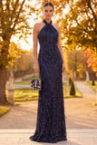 Vestido formal Maxi de lentejuelas con funda azul marino con funda