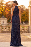 Vestido formal Maxi de lentejuelas con funda azul marino con funda