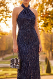 Vestido formal Maxi de lentejuelas con funda azul marino con funda