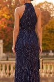 Vestido formal Maxi de lentejuelas con funda azul marino con funda