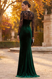 Vestido formal Maxi de manga larga con cuello ilusión de terciopelo verde oscuro y encaje