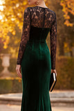 Vestido formal Maxi de manga larga con cuello ilusión de terciopelo verde oscuro y encaje