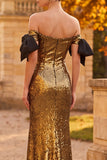 Vestido formal largo de lentejuelas con funda dorada y lazos