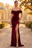Corsé de sirena de terciopelo burdeos, vestido formal de encaje fruncido con abertura