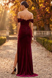 Corsé de sirena de terciopelo burdeos, vestido formal de encaje fruncido con abertura
