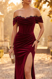 Corsé de sirena de terciopelo burdeos, vestido formal de encaje fruncido con abertura