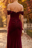Corsé de sirena de terciopelo burdeos, vestido formal de encaje fruncido con abertura