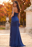 Vestido formal Maxi de lentejuelas rizadas sin tirantes azul oscuro con abertura lateral
