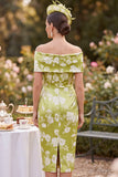 Vestido de Satén de Verde con Estampado de Hombros Cortos y Vestido de Madre de la Novia con abertura
